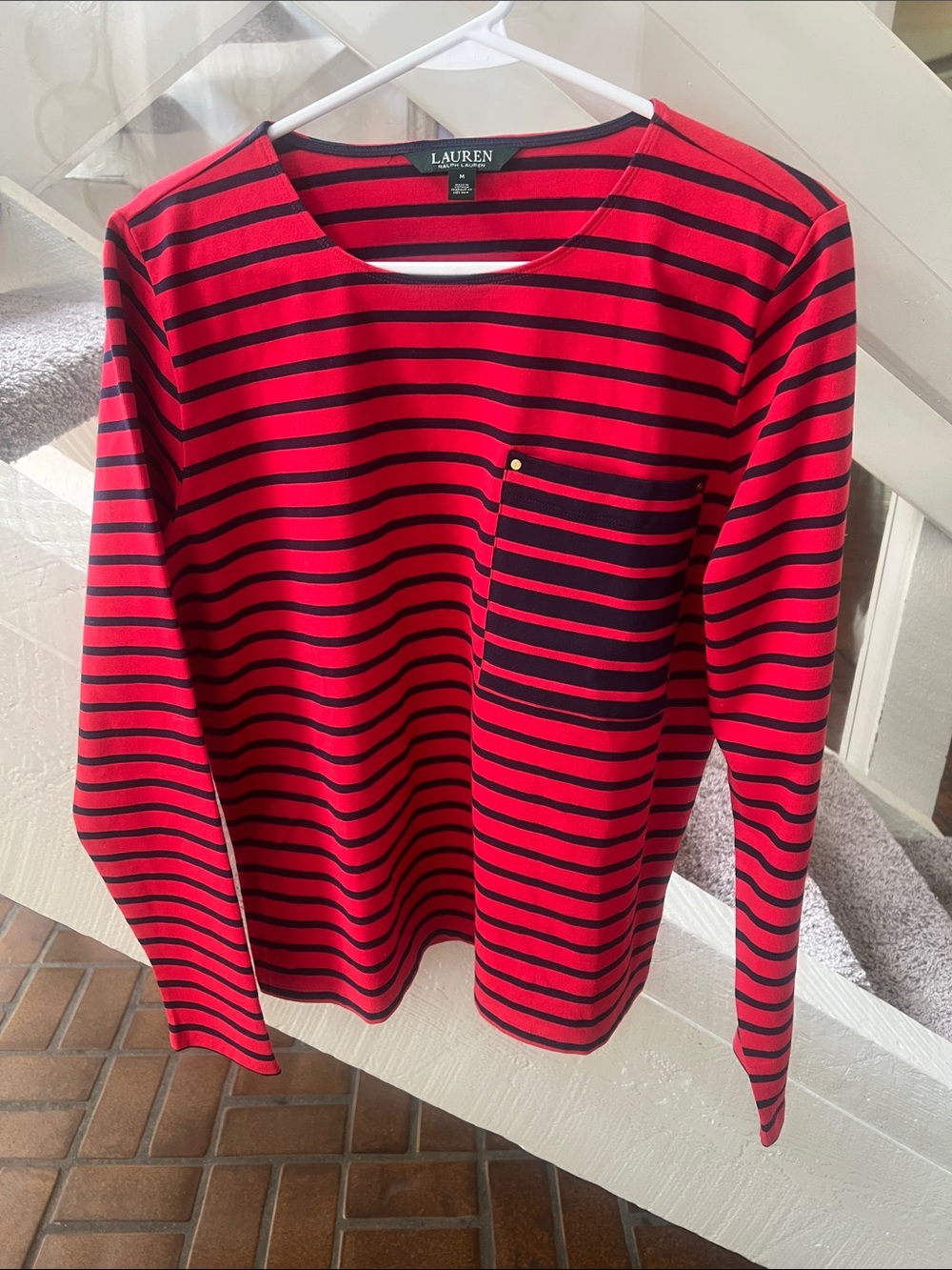 NWOT Lauren Ralph Lauren Red and Navy Striped Pocket Top M